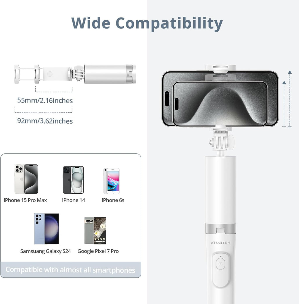 ATUMTEK 63" Phone Tripod, Extendable Selfie Stick Tripod with Bluetooth Remote, All-in-One Aluminum with Cold Shoe Mount for GoPro, 4"-7" iPhone and Android Smartphones, White