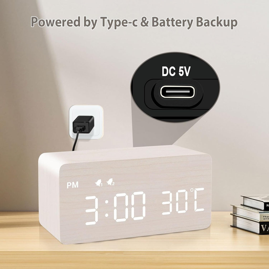 MOSITO Digital Wooden Alarm Clock with Wireless Charging, 0-100% Dimmer, Dual Alarm, Weekday/Weekend Mode, Snooze, Wood LED Clocks for Bedroom, Bedside, Desk, Kids (White)