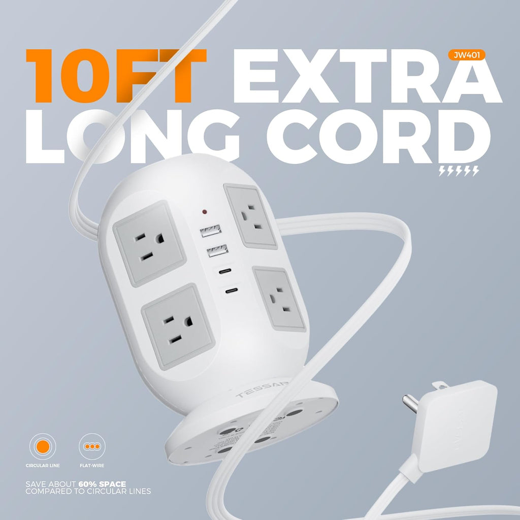 Tower Power Strip, Surge Protector 10 FT Cord, TESSAN Flat Plug Extension Cord with Multiple Outlets, 8 AC Outlets with 4 USB Ports (2 USB C), Charging Station with Surge Protection, for Office Dorm