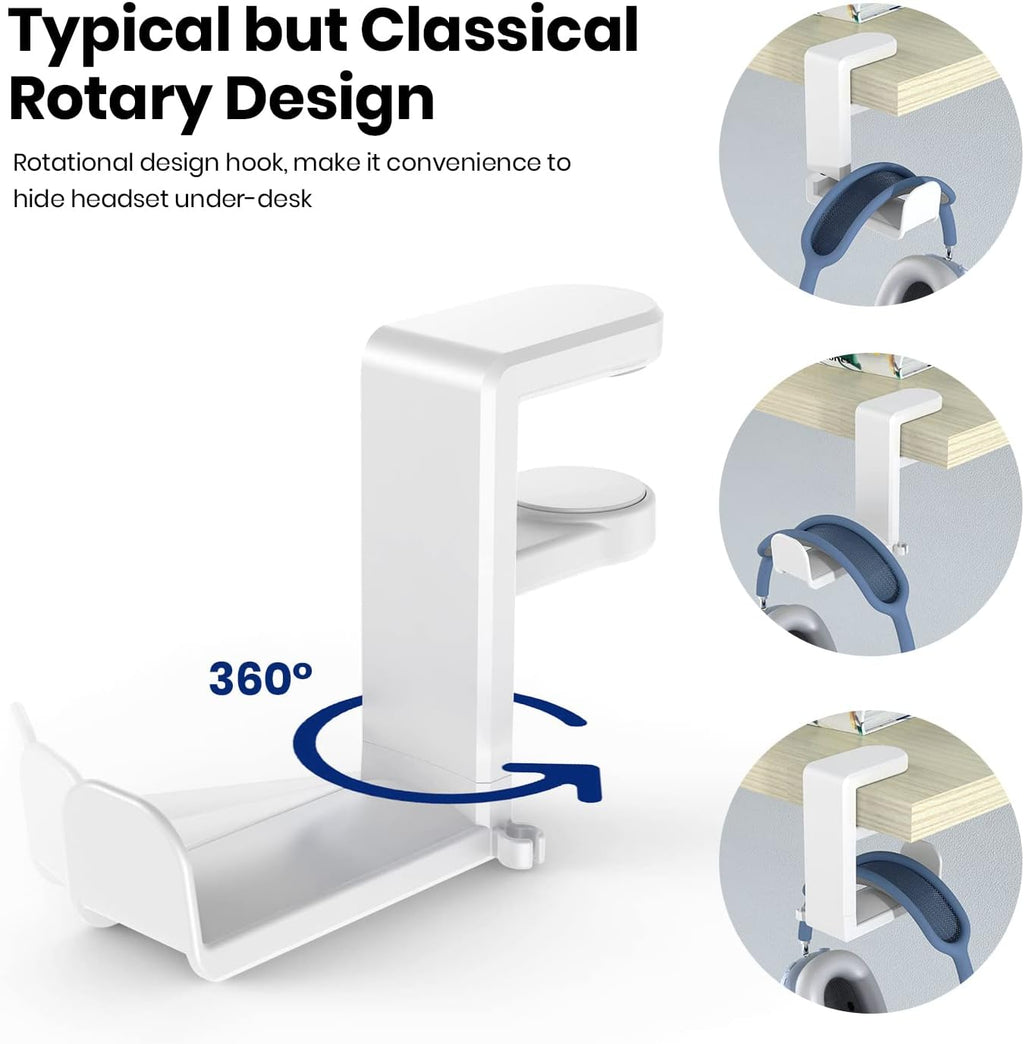 EURPMASK PC Gaming Headset Stand - Adjustable Clamp-on Headphone Holder, 360 Degree Swivel & Cable Clip Organizer - White