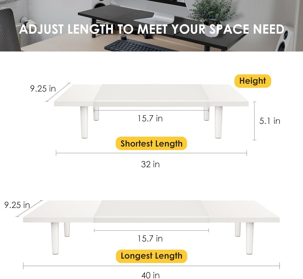 Dual-Monitor-Stand-Riser-For-Desk Adjustable Length 32-40 Inch，Large Desktop Computer Monitor Riser For 2 Screens，Desk Shelf Organizer Riser Stand For Computer/Laptop/PC/Printer/TV White