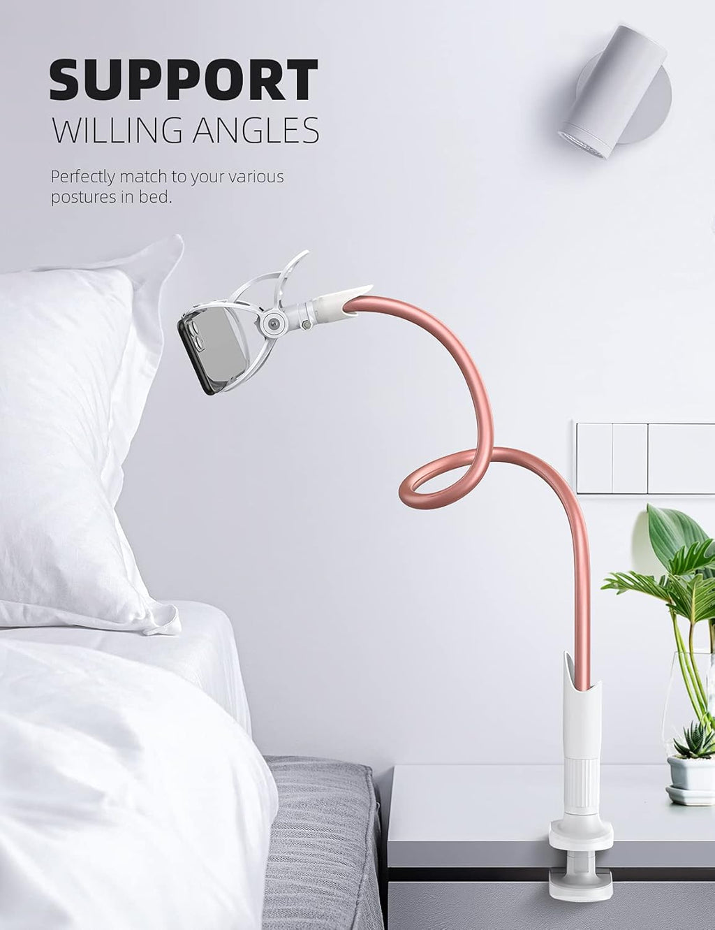 Lamicall Phone Holder Bed Gooseneck Mount - Cell Phone Clamp Clip for Desk, Flexible Lazy Long Arm Headboard Bedside, Overhead Mount Stand, for 4-7" Phone, iPhone 15 Pro Max, 14 Plus, 13, Rose Gold