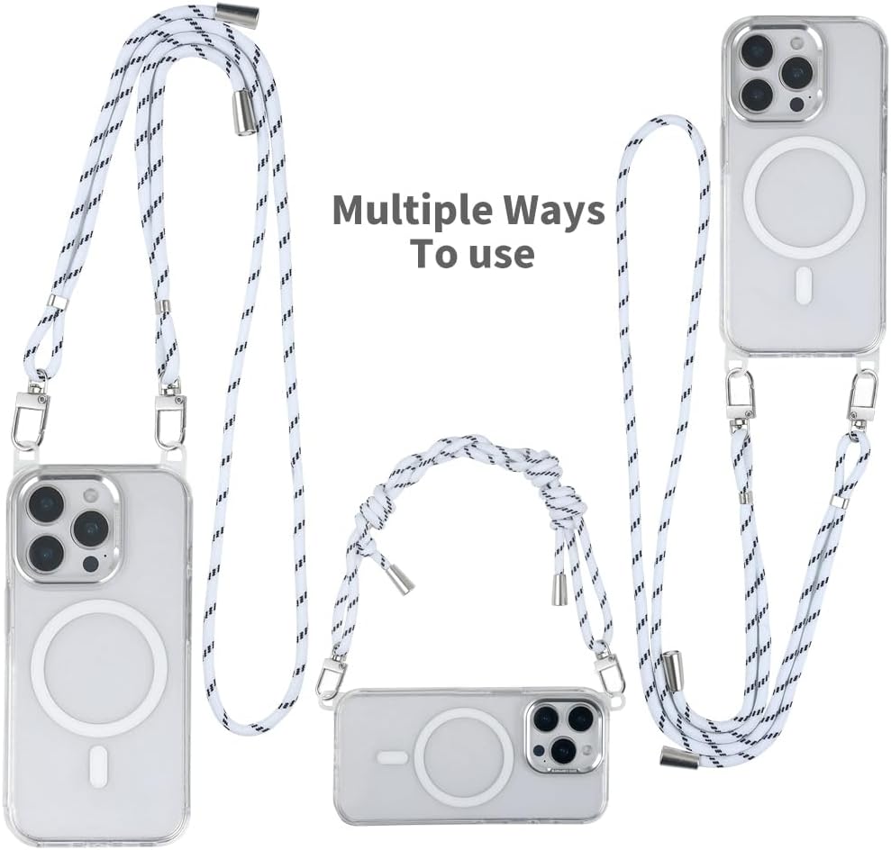 for iPhone 14 Pro Case with 62.99 inch Lanyard, Classic Clear&White Magnetic Phone Case, Drop&Shockproof Protection Cases, Phone Lanyard for Around The Neck, Compatible with Magnet Accessory