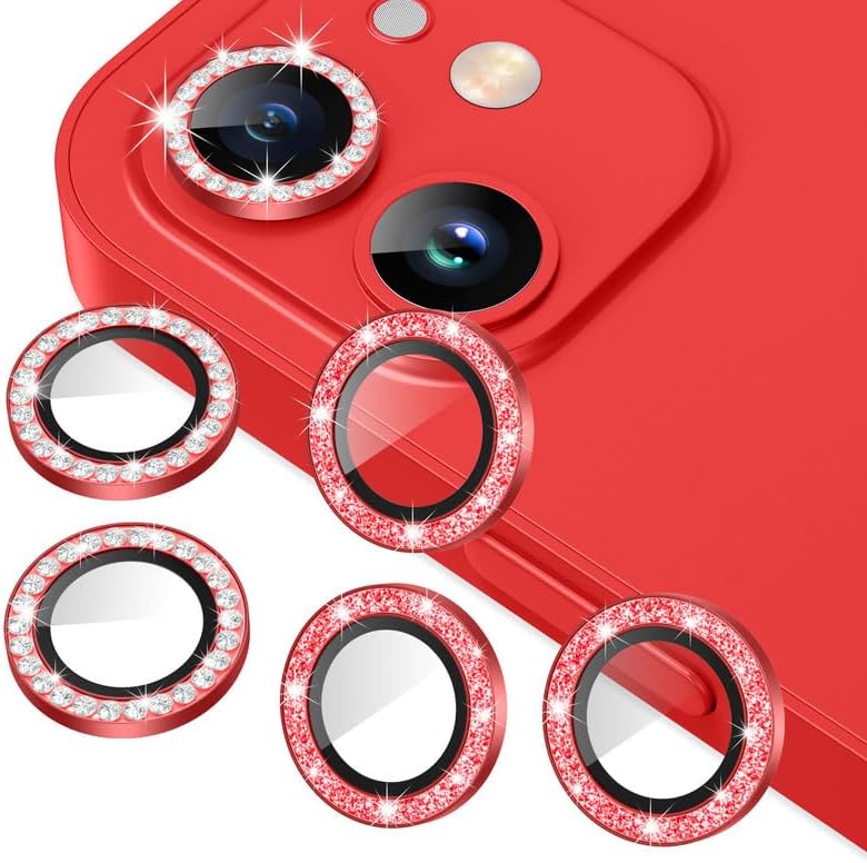 AGVEE 3+3 6 Pack for iphone 12 Pro/12/12 Mini/11 Pro Max/11 Pro/11 Camera Lens Cover Protector, Bling Diamond & Bling Glitter Metal Ring 9H Tempered HD Glass Camera Protector, Bling-Red