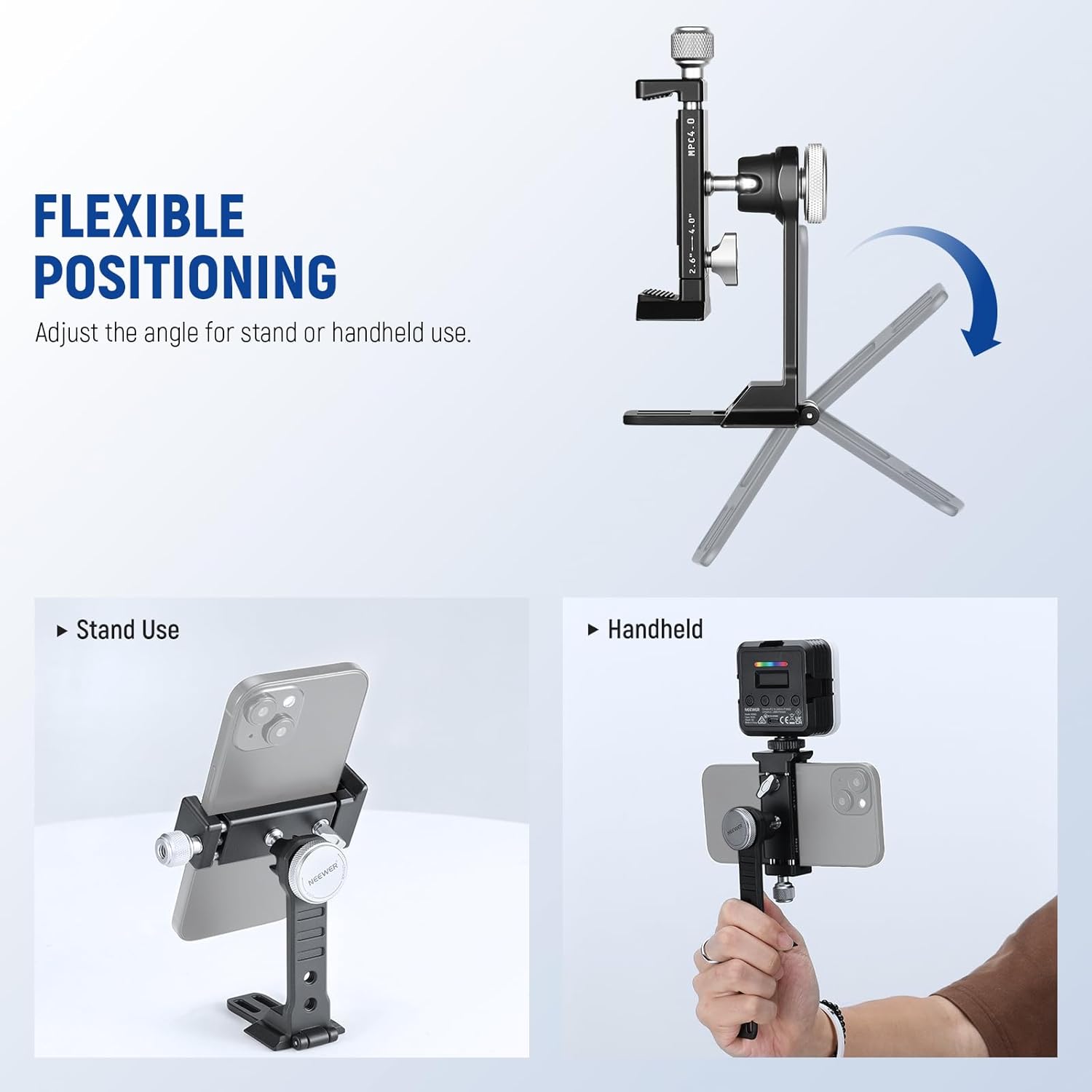 NEEWER Smartphone Tripod Mount Aluminum Alloy, 360° Rotatable Phone Stand Holder Clamp with Cold Shoe and Arca Base Compatible with iPhone 15 Pro Max Galaxy S24 Ultra Pixel & 2.6"-4" Wide Smartphones