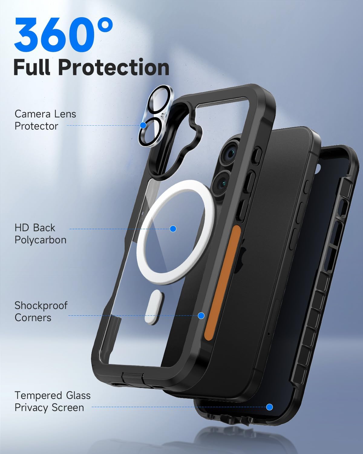 seacosmo for iPhone 16 Case, Full Body Bumper with Built-in 9H Tempered Glass Privacy Screen Protector and Camera Lens Protector, Compatible with MagSafe, Shockproof Phone Cover, 6.1", Black