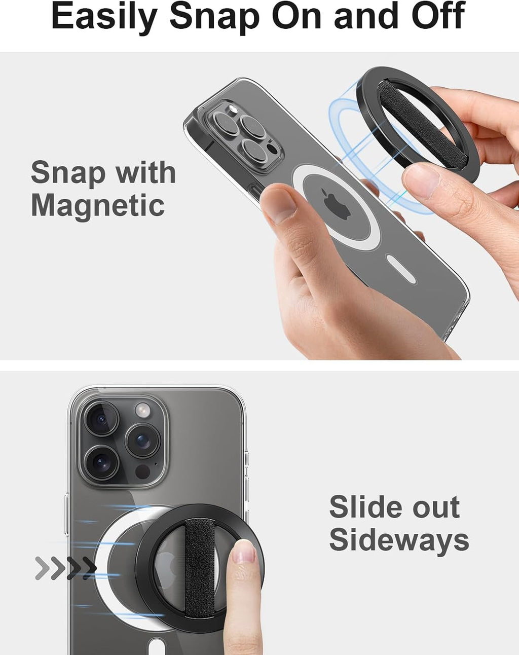 EWA MagOne Solo Phone Grip with Replaceable Elastic Finger Loop, Removable Magnetic Ring Holder Loop, Accessories for iPhone 16, 15, 14, 13 Pro/Max/Plus, No Stand-Black