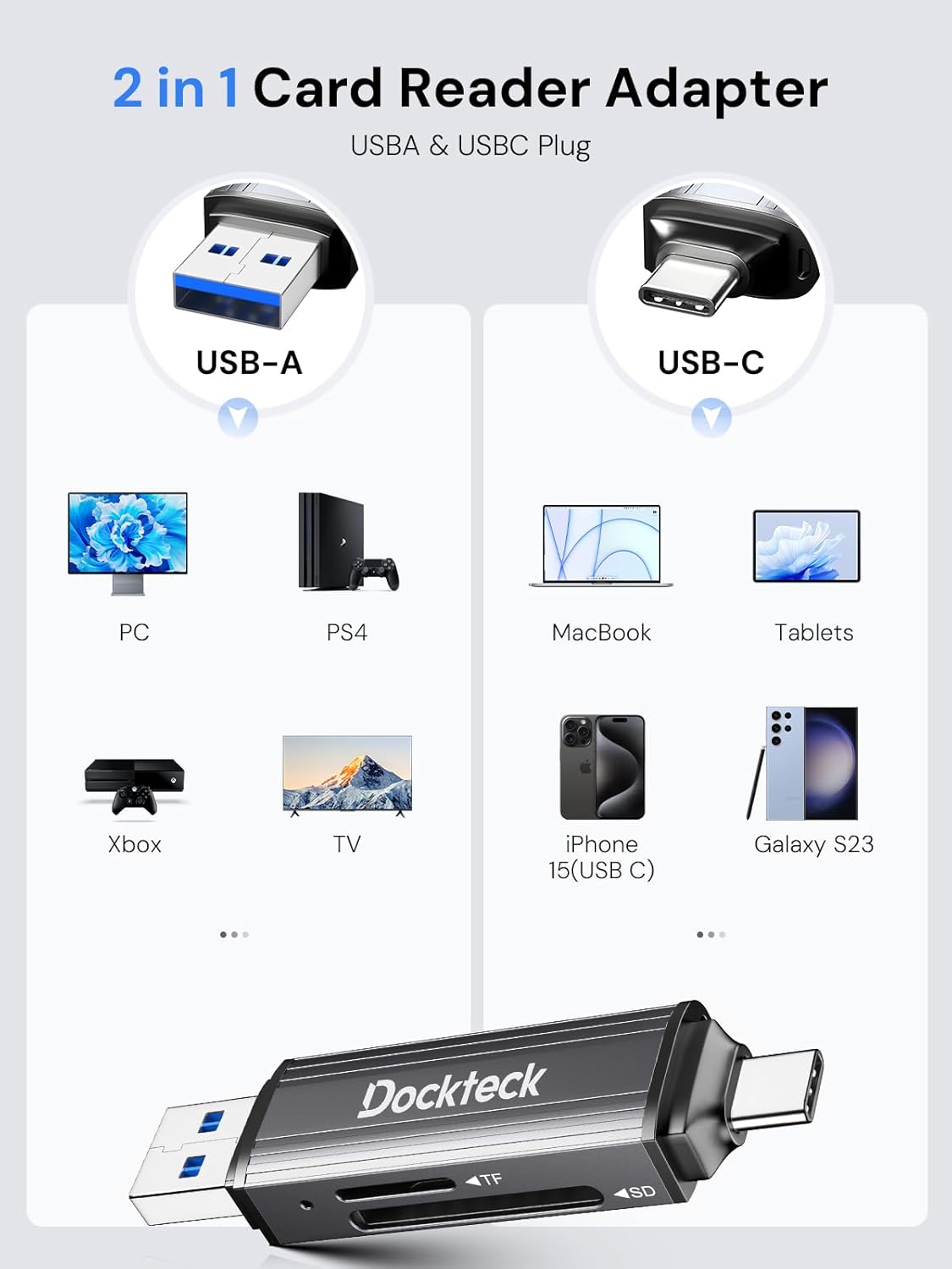 SD Card Reader, Dockteck USB 3.0 Card Reader to Micro SD Card Adapter to SD TF Memory Stick, Dual-Slot OTG Reader for UHS-I SD/Micro SD/SDHC/SDXC/MMC, for MacBook,iPad Pro/Air, iPhone 15, Android