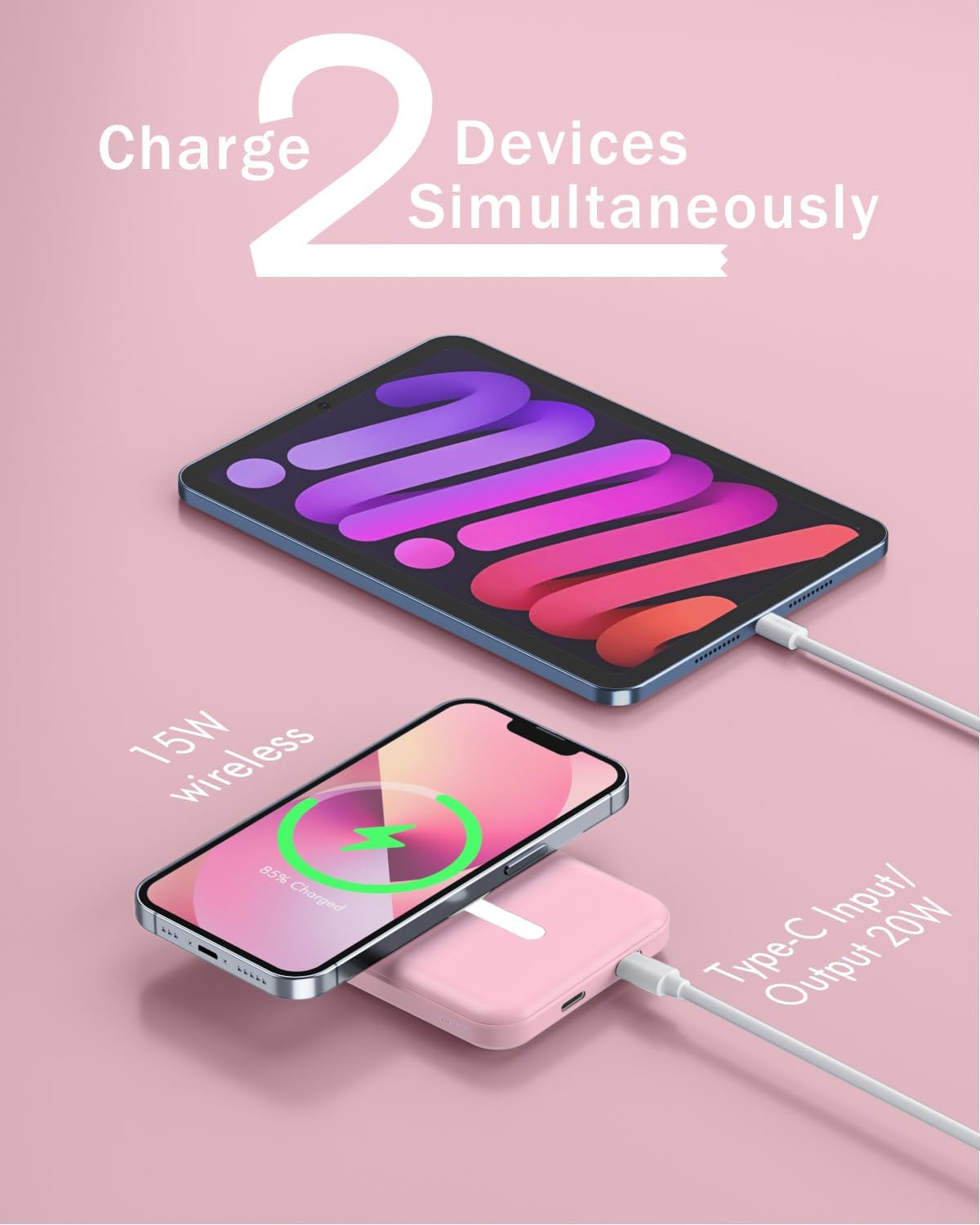podoru for Magsafe Battery Pack, 5000mAh Magnetic Power Bank with Type-C Cable 20W PD Fast Charging Lighting Input Wireless Portable Charger for iPhone 16/15/14/13/12/ All Series-Pink