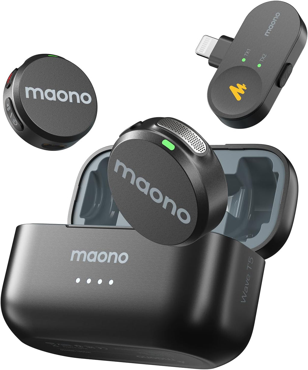 MAONO Wireless Lavalier Microphone for iPhone 14 and Below, MFi Certified Lightning Plug, 48KHz 24Bit, 1000ft Range, Voice Filter, Noise Cancellation, 30H Use for Video Recording, Streaming - Wave T5