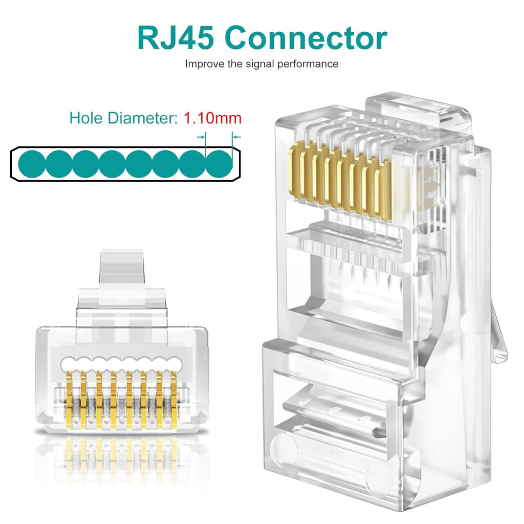 UTP RJ45 Connectors, Cat6 RJ45 Pass Through Plugs 50-Pack, Cat6 RJ45 Plugs with 50-Pack Strain Relief Boots for Solid or Standard Ethernet Cables, Transparent