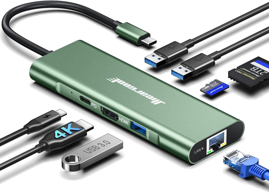 Hiearcool USB C Hub, 8 in 1 USB C Hub Multi-Port Adapter with Gigabit Ethernet, USB C to 4K@60Hz HDMI Dock Dongle for MacBook Pro Air M1 M2 and Type C Laptops-Green