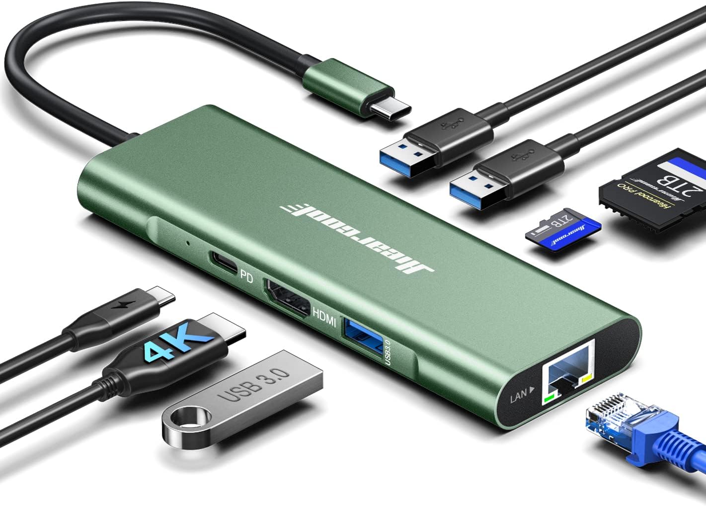 Hiearcool USB C Hub, 8 in 1 USB C Hub Multi-Port Adapter with Gigabit Ethernet, USB C to 4K@60Hz HDMI Dock Dongle for MacBook Pro Air M1 M2 and Type C Laptops-Green