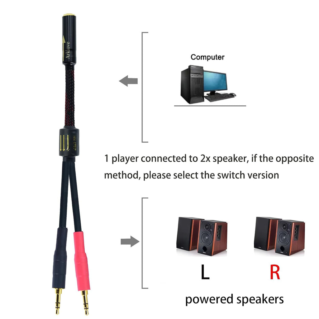 Arklove 7ft Shielded 1/8" aux Input 3.5mm Female to 2X 3.5 Output Splitter Stereo Audio Video Cable Out 3.5 Male to Two 3.5 Male in Dual Speaker Cord 24k Gold Plated Cord