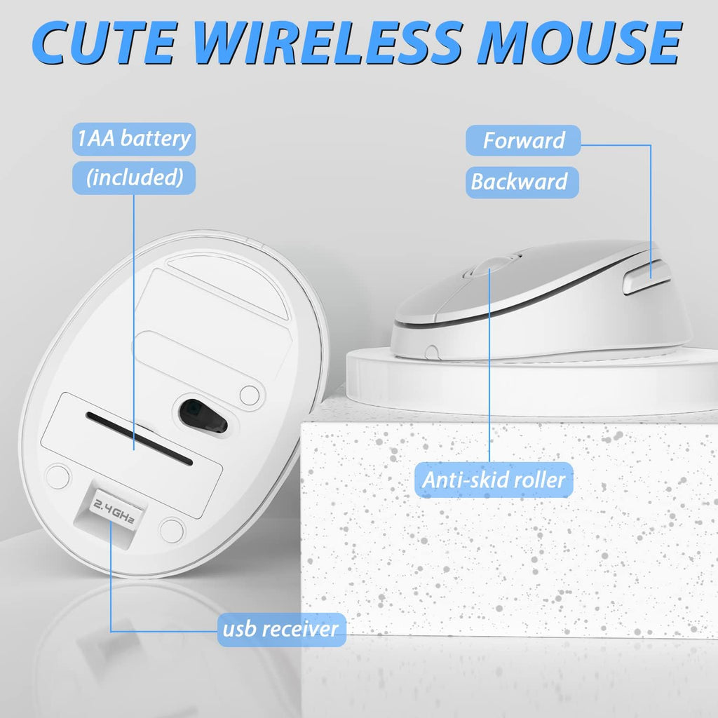 Wireless Keyboard Mouse Combo, 104 Keys Cute White Keyboard with Number Pad & Mouse for Windows, Computer, PC, Notebook, Laptop (White)