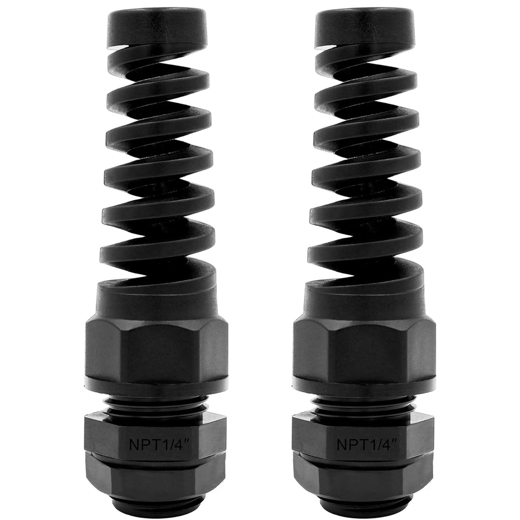 Strain Relief Cord Connector,LISTENJIALE 2Pcs NPT 1/4" Waterproof Cable Gland Flex Spiral Strain Relief Adjustable 4-8mm Cable Connector Nylon Joint with Gaskets(Black)