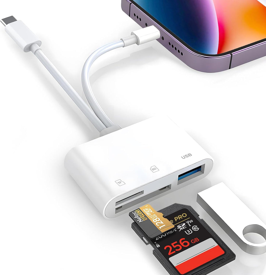 SD Card Reader for iPhone iPad Mac, Digital Camera Adapter to iPhone Lightning & USB C Dual Connector, Trail Camera Memory Card Viewer with SD/Micro SD/USB-A 3 Slot, No App Plug and Play