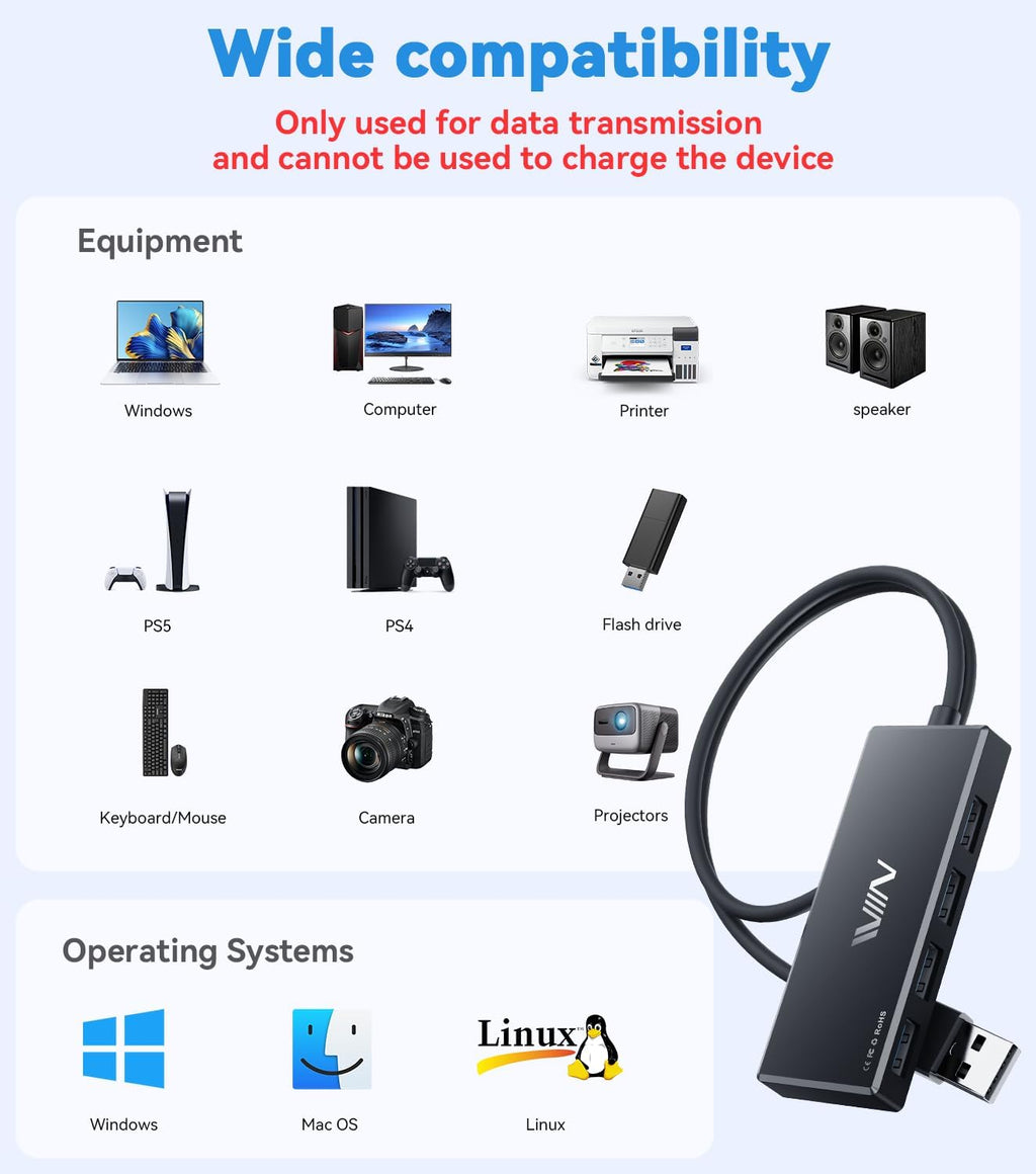 USB 3.0 Hub,4 Port USB Splitter Extender Portable Adapter Multiport Data Hub for Laptop,Xbox, Flash Drive,HDD,Console,Camera,Keyborad,Mouse Windows,Mac OS PC,Not Designed to Charge Devices-Black
