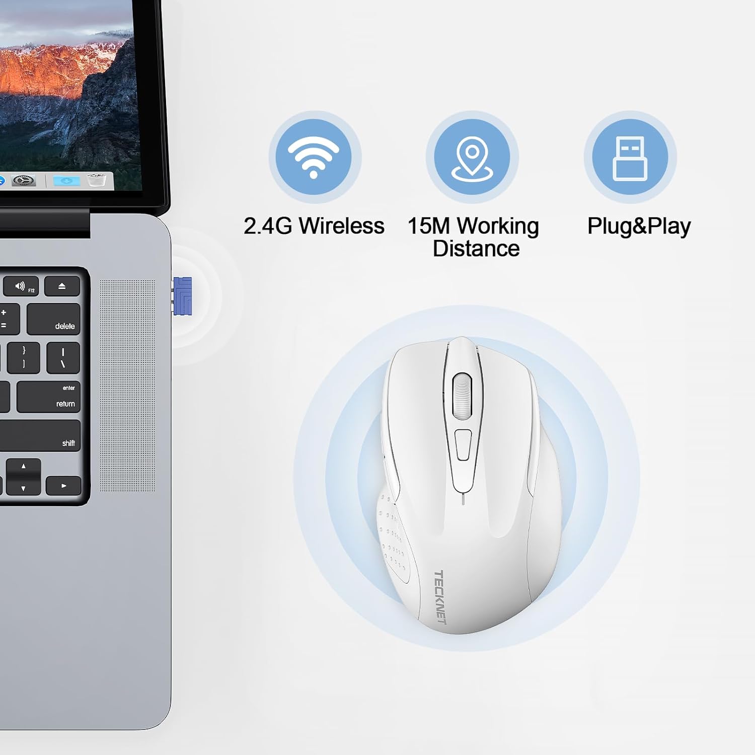 TECKNET Rechargeable Wireless Mouse, 2.4G Silent Mouse, Quiet Click, 6 Adjustable 4800 DPI, Cordless Computer Mouse, Ergonomic Mouse for Laptop, 6 Buttons USB Mouse for Chromebook, Ergo Grip - White