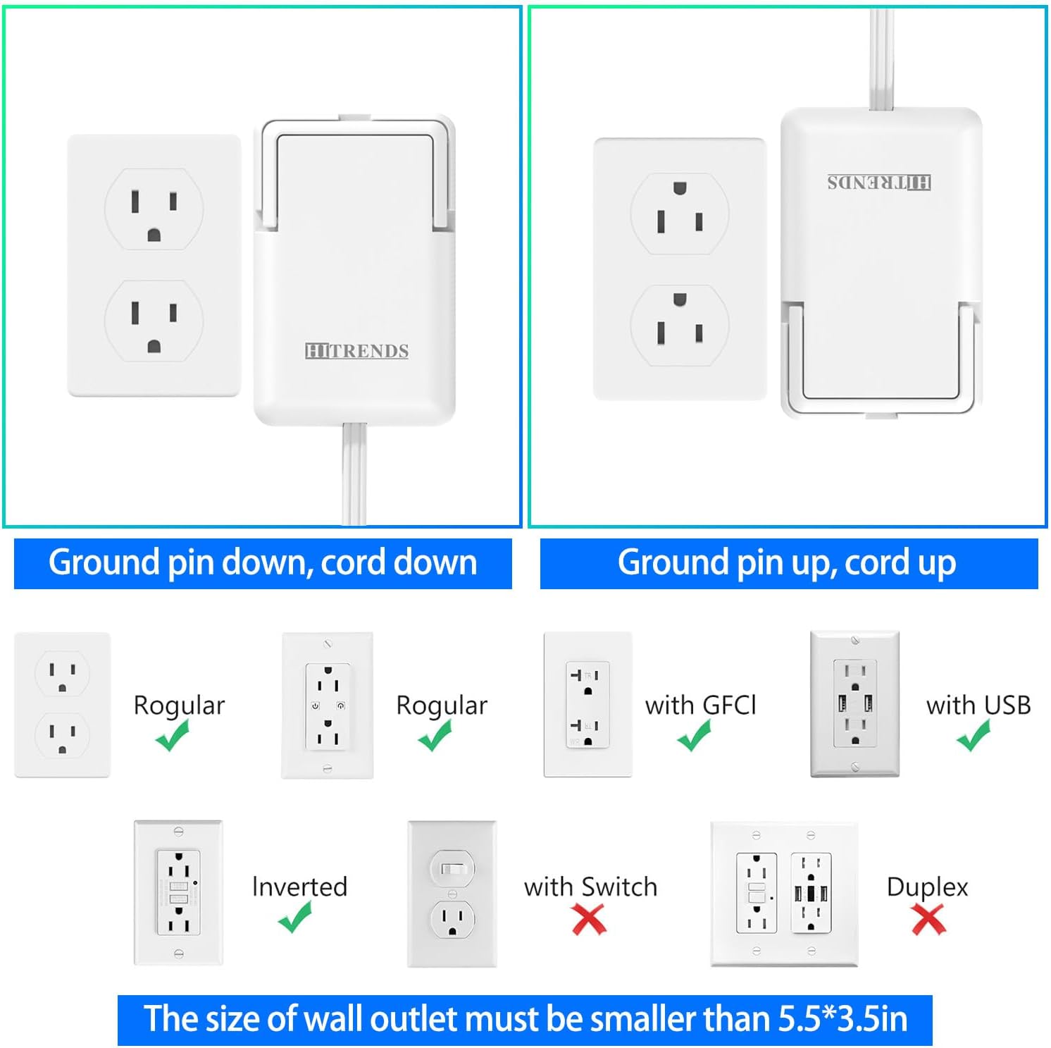 6FT Ultra-Thin Flat Plug Power Strip with 5 Outlets & 3 USB Ports | Child & Pet-Safe, 1625W, Wall-Mounted Cord Organizer, Universal Size Outlet & Plug Concealer with Cord Clips(UL Listed)