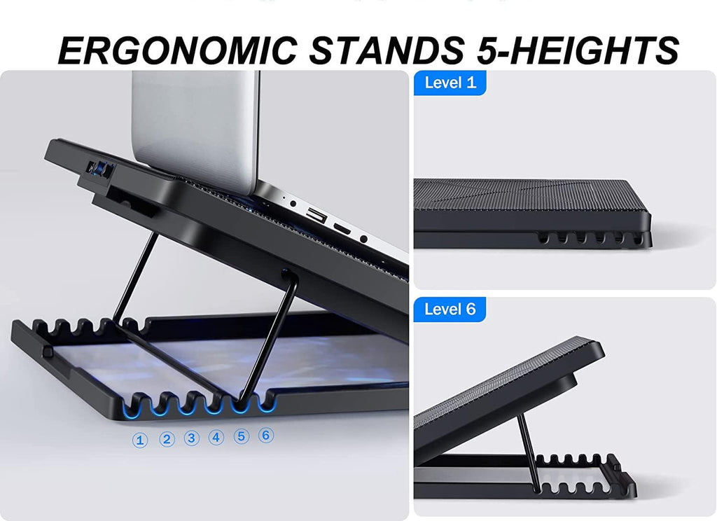 Laptop Cooling Pad 17inch 15.6 14 13 12inch Gaming Cooler Pad Chill Mat 5 Quiet Fans LED Lights and 2 USB 2.0 Ports Adjustable Mounts Laptop Stand Height Angle