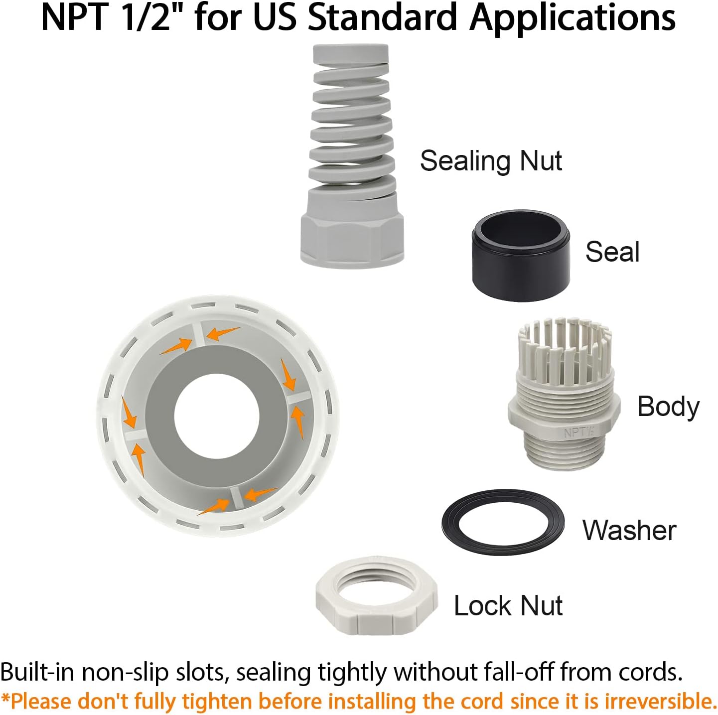 LeMotech 20Pcs NPT 1/2" IP68 Waterproof Cable Gland Flex Spiral Strain Relief Grey Nylon Joint with Gaskets for 6-12mm Wire Thread