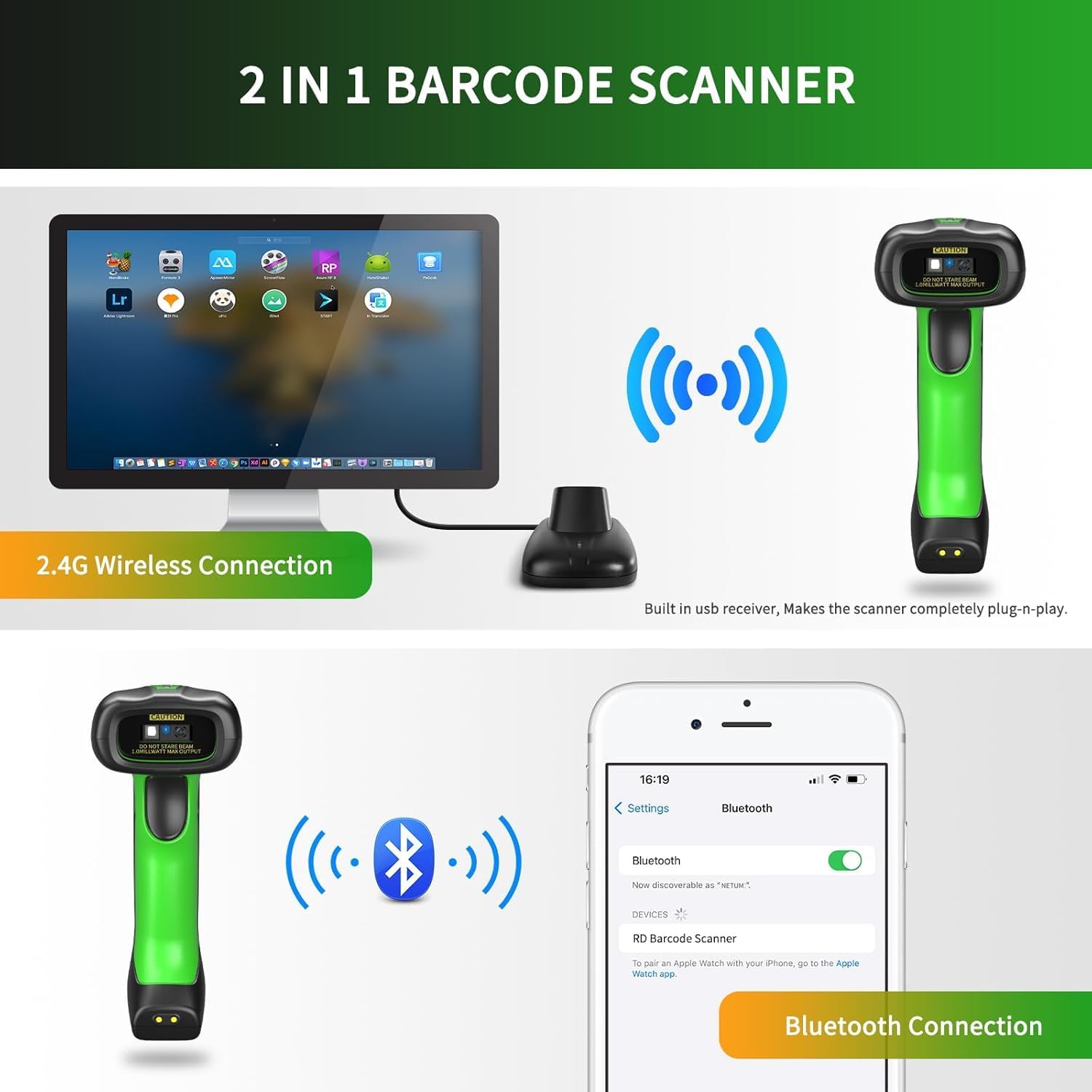 NETUM 2D QR Industrial Bluetooth Barcode Scanner with Charging Dock, Upgraded Wireless 2D/1D Bar Code Reader, 2600mAh Battery, Drop Dust WaterProof, Hands-Free for Windows, Mac, Android, iOS (NT-1950)