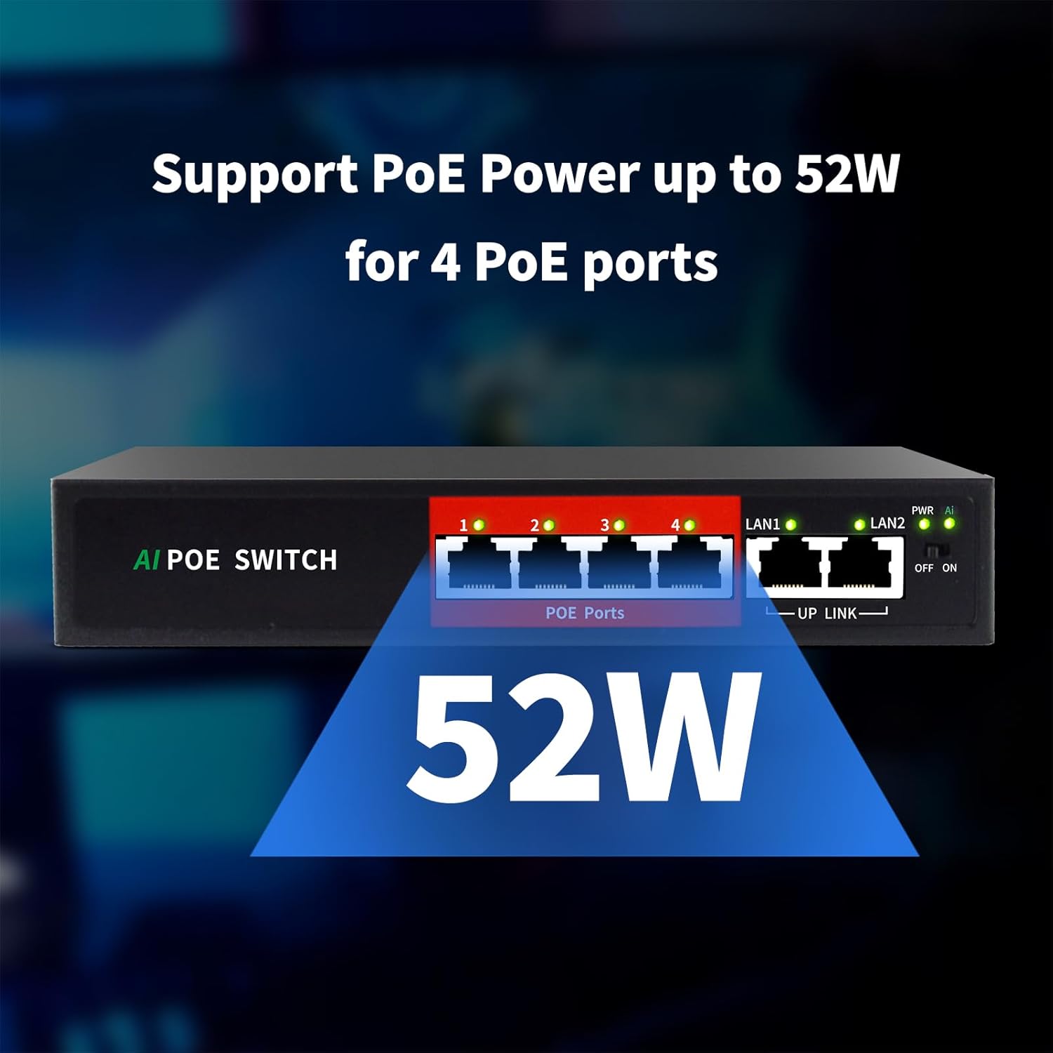 STEAMEMO AI PoE Switch, 52V 52W (4 POE Ports +2 Uplink) 100Mbps,802.3af/at, Unmanaged Network Extender Power Over Ethernet for IP, Extend Function,Metal Plug and Play