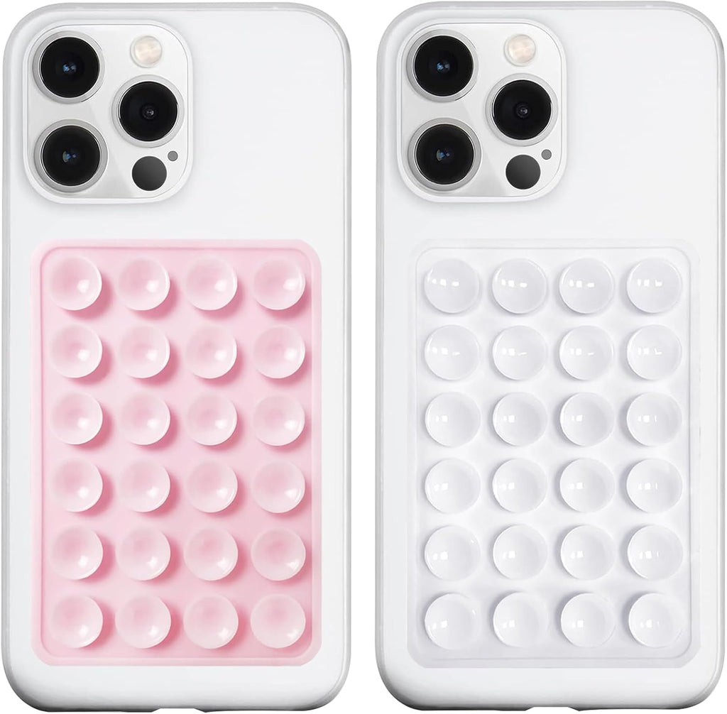 2 Pack Silicone Suction Phone Case Mount, Silicon Adhesive Phone Grip for Smartphones, Hands-Free Mirror Shower Phone Holder for Selfies, Tiktok Videos (LightPink&White)