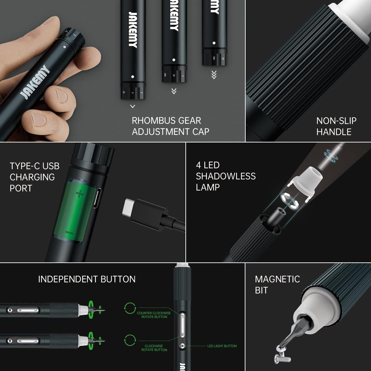 JAKEMY Cordless Electric Screwdriver,Upgraded 3 Gear Adjustable Torque Screwdriver kit Magnetic Precision Power with LED light USB Rechargeable Portable Laptop Repair Tool Kit, (JM-E21B)