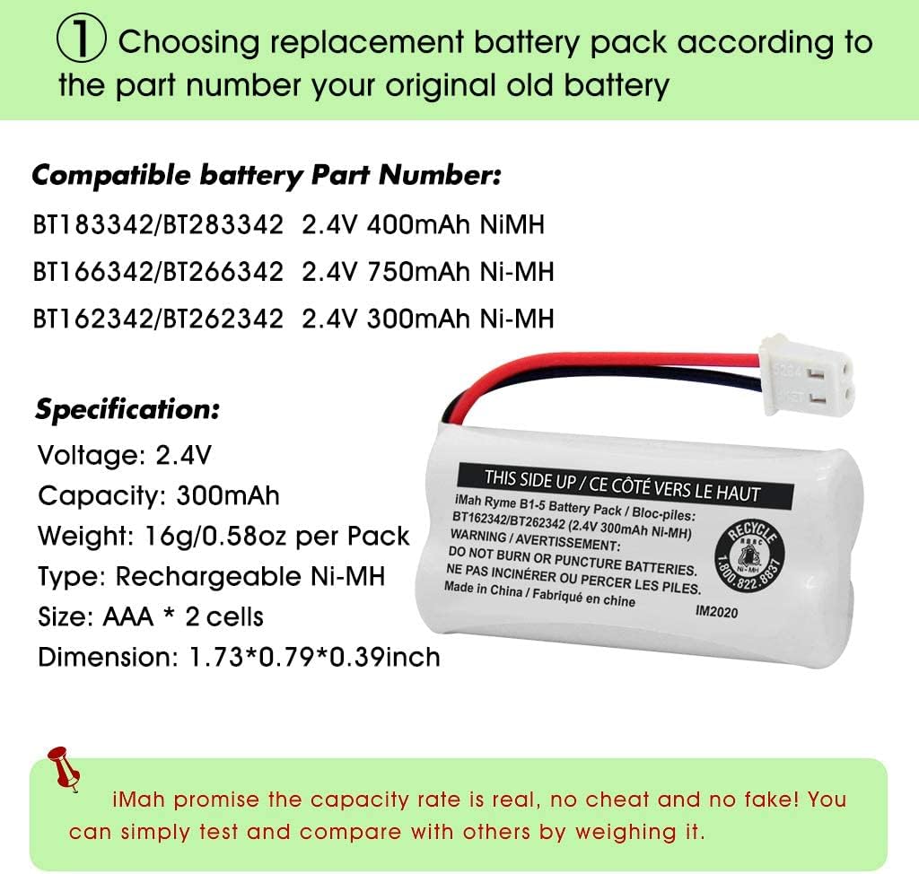 iMah BT162342/BT262342 2.4V 300mAh Ni-MH Cordless Phone Battery Pack, Also Compatible with BT183342/BT283342 AT&T BL102-3 EL52351 TL90070 VTech CS5119 DS6511 DS6722 LS6305 Handset, 3-Pack
