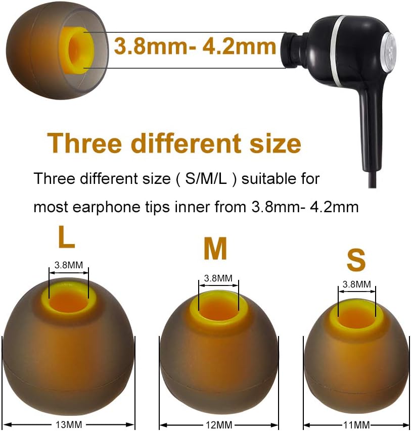 Earbud Tips Soft Silicone Earbuds Replacement Tips Fit for in-Ear Headphones(Inner Hole from 3.8mm - 4.2mm Earphones) 9 Pairs S/M/L,Gray/Yellow