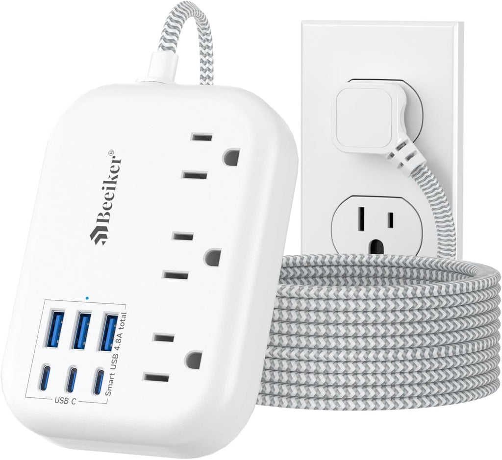 6 USB(3 USB C) Surge Protector Power Strip- Extension Cord 10 Ft with 24W USB Charging Station and 3 Outlets, Flat Plug Long Braided Extension Cord with Multiple Outlets for Home Office College Dorm