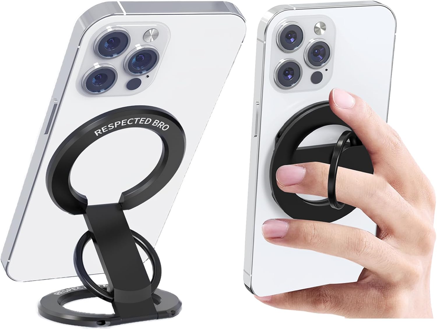 RESPECTED BRO-Magnetic-Phone-Ring-Holder with Dual Rings, Compatible with iPhone 16/15/14/13/12, Multifunctional Stand for Desk,Office,Gym,Kitchen & All Metal Surfaces, Finger Loop Grip (Black)