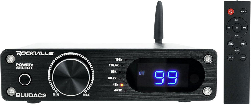 Rockville BLUDAC2B 75W x 2 Hi-Res 192K DAC Amplifier Home Bluetooth Receiver, Optical/Sub Out, USB-C, Class-D for Home Audio