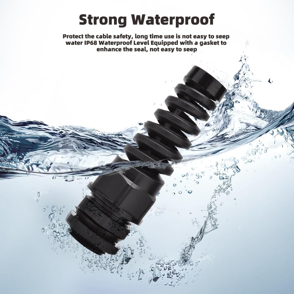 Strain Relief Cord Connector, CGELE 10 Pack NPT 1/4" Waterproof Cable Gland Cord Grip Spiral Adjustable Connector Strain Relief Cord Connectors Joints Nylon with Gaskets