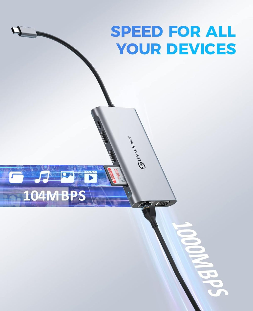 USB C Docking Station Dual Monitor, UtechSmart 11 in 1 USB C Hub Triple Display, Laptop Dock with 2 HDMI, Ethernet, VGA, 100W PD, SD/TF Card Slot, 4USB for MacBook Dell HP Surface Lenovo ASUS