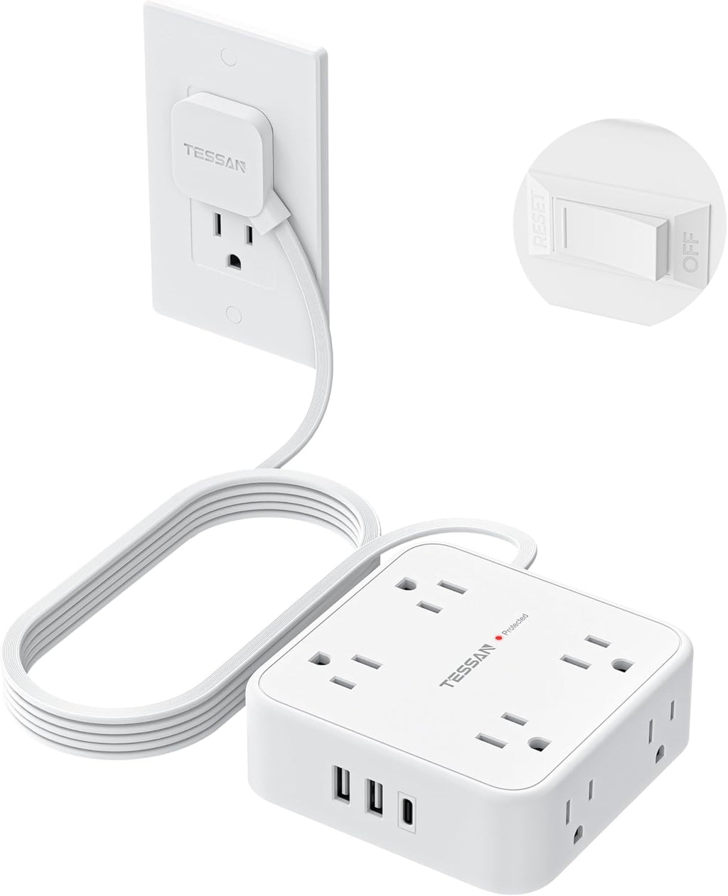 TESSAN 10 Ft Flat Plug Extension Cord with Multiple Outlets, Surge Protector Power Strip with 3 USB(1 USB C) 8 Outlets, 900J Protection, Desk Charging Station for Home, Dorm Room Essentials, White