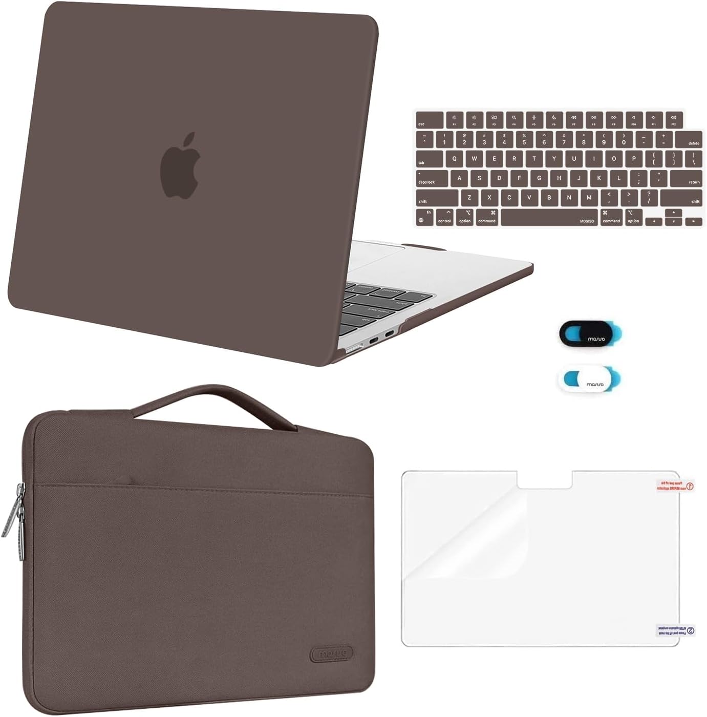 MOSISO Compatible with MacBook Air 13 inch Case 2025 2024 2023 2022 M4 A3240 M3 A3113 M2 A2681, Hard Shell&Sleeve Bag&Keyboard Skin&Webcam Cover&Screen Film for MacBook Air 13.6 inch, Beige Brown