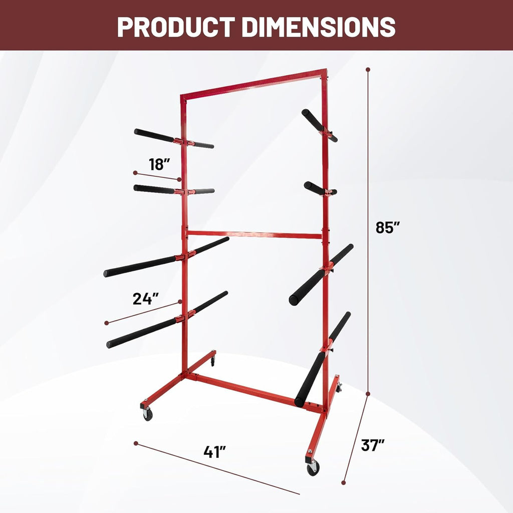 Mobile Bumper Storage Rack, 8 Pairs of Arms Double Sided Bumper Stand with Lockable Wheels, Heavy Duty Utility Bumper Storage Dolly Length Adjustable for Automobile Parts Accessories, Red