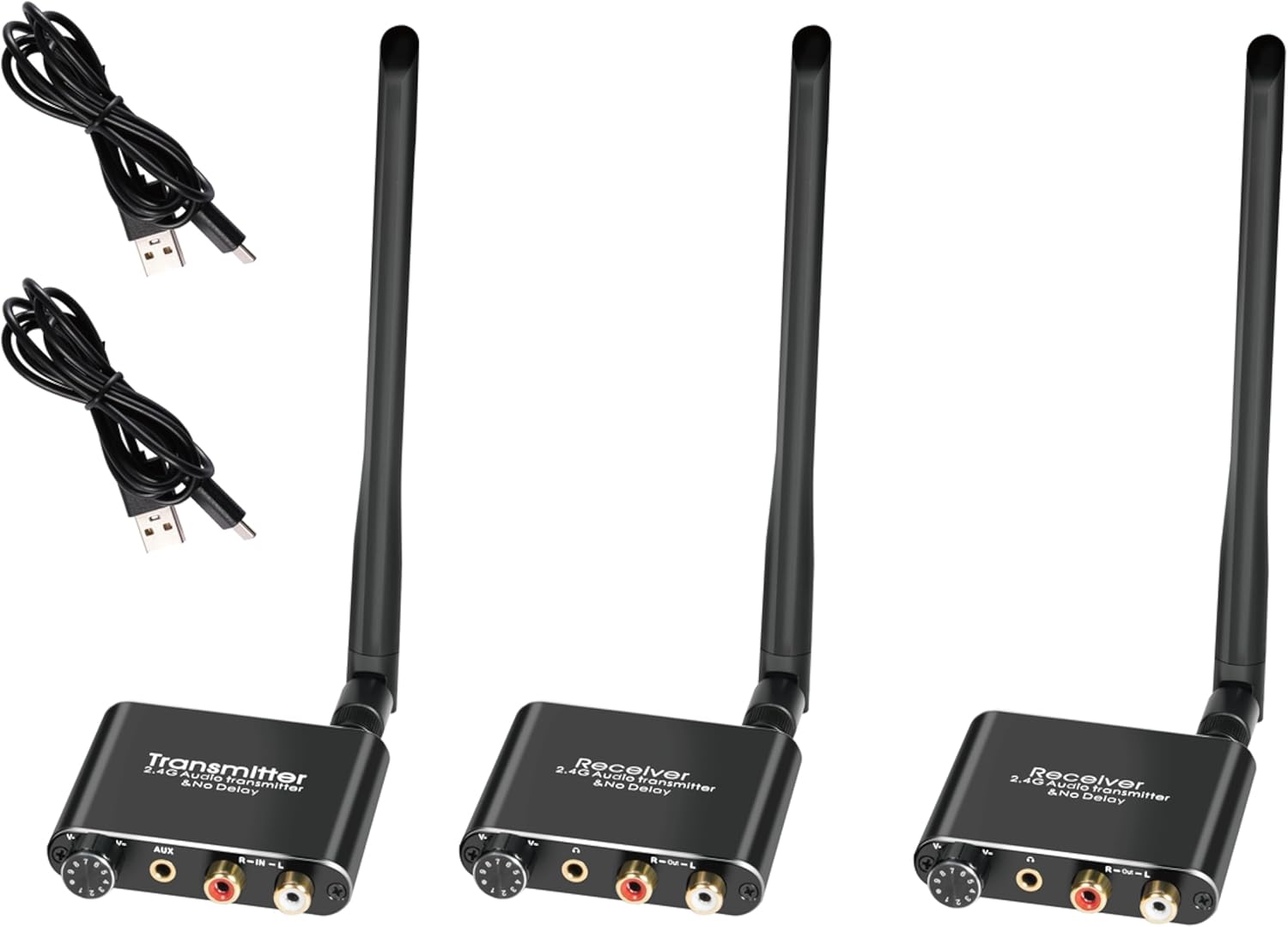 eppfun 50m/2.4G Wireless Audio Transmitter Receiver for 2 Subwoofer/Active Speaker/Power Amplifier/Home Stero, with 20ms Low Latency,192kHz/24bit HiFi, 165Feet/ RCA/3.5mm Audio (only Audio)