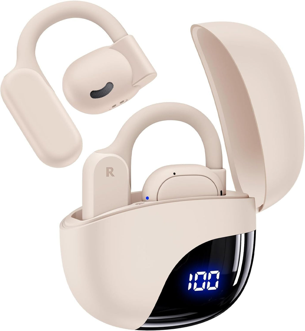 TAGRY Open Ear Earbuds Wireless Bluetooth Headphones 80Hrs Playtime Ear Buds with Earhooks IPX7 Waterproof Touch Control Earphones Sport Headsets for Workout Running Beige