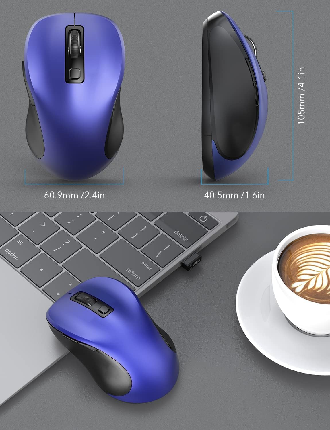 Trueque Wireless Mouse for Laptop, 2.4GHz Ergonomic Computer Mouse with Back & Forward Buttons, 3 Adjustable DPI Levels, 6 Buttons, Optical USB Cordless Mice for Windows MacBook PC (Deep Blue)