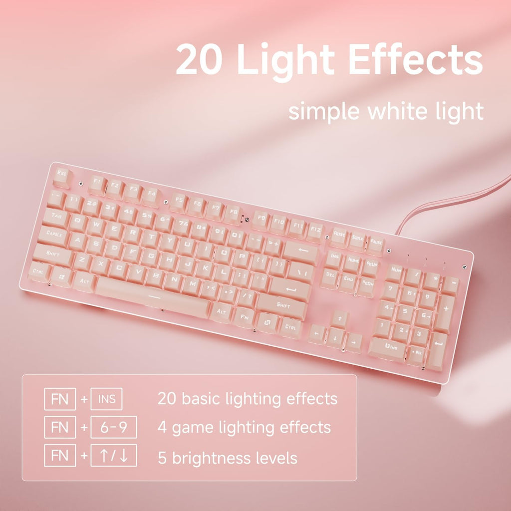 EWEADN TK100 Typewriter Keyboard Wired Mechanical Keyboard, 104 Keys Aesthetic Typewriter Keyboards with White Backlit, Anti-Ghosting, Blue Switch Wired Cute Keyboards-Pink