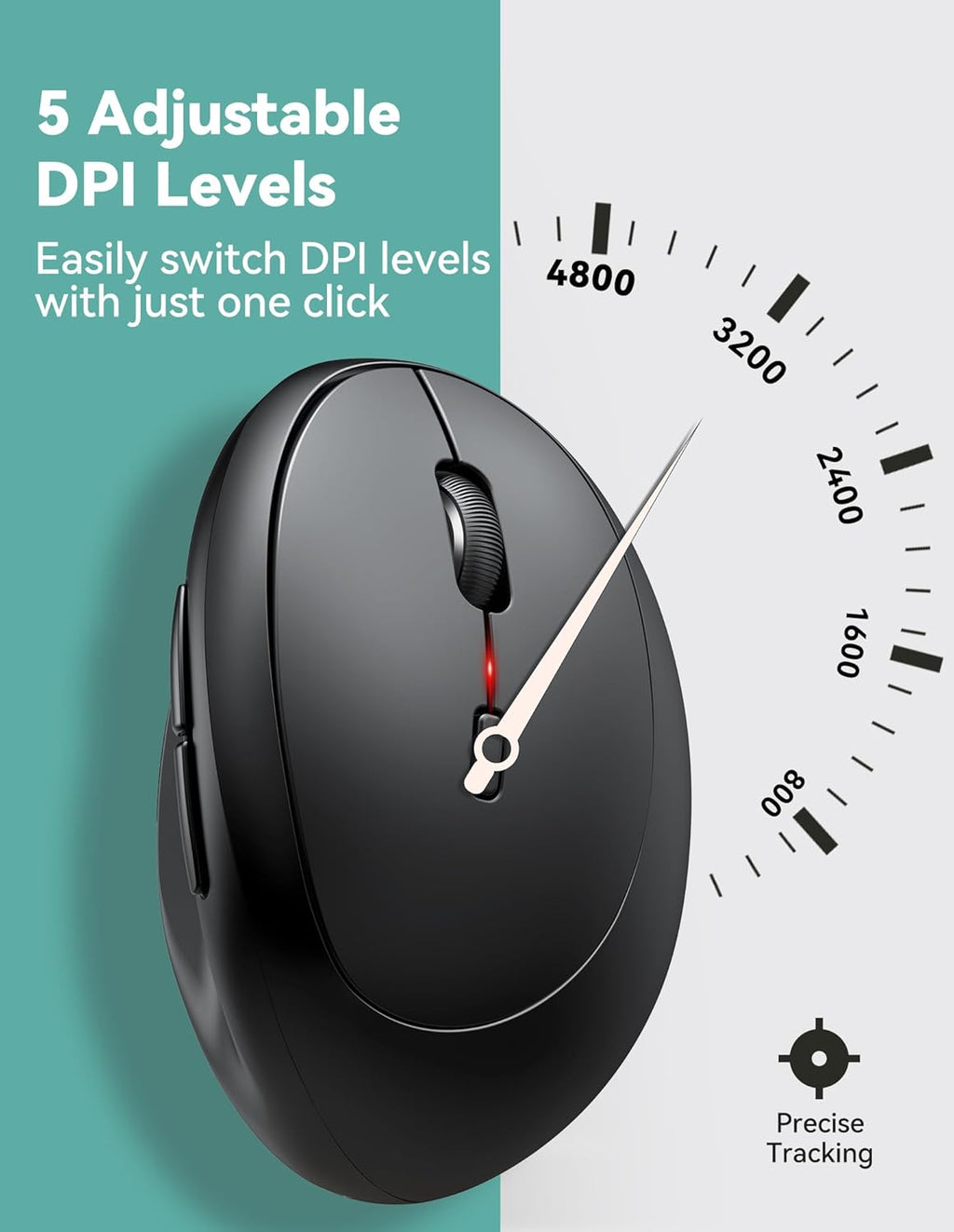 TECKNET Ergonomic Mouse, 4800 DPI Wireless Vertical Mouse, 5 Adjustable DPI Levels, 6 Buttons, 2.4G Silent Wireless Mouse for Laptop, PC, Chromebook, Mac - Black