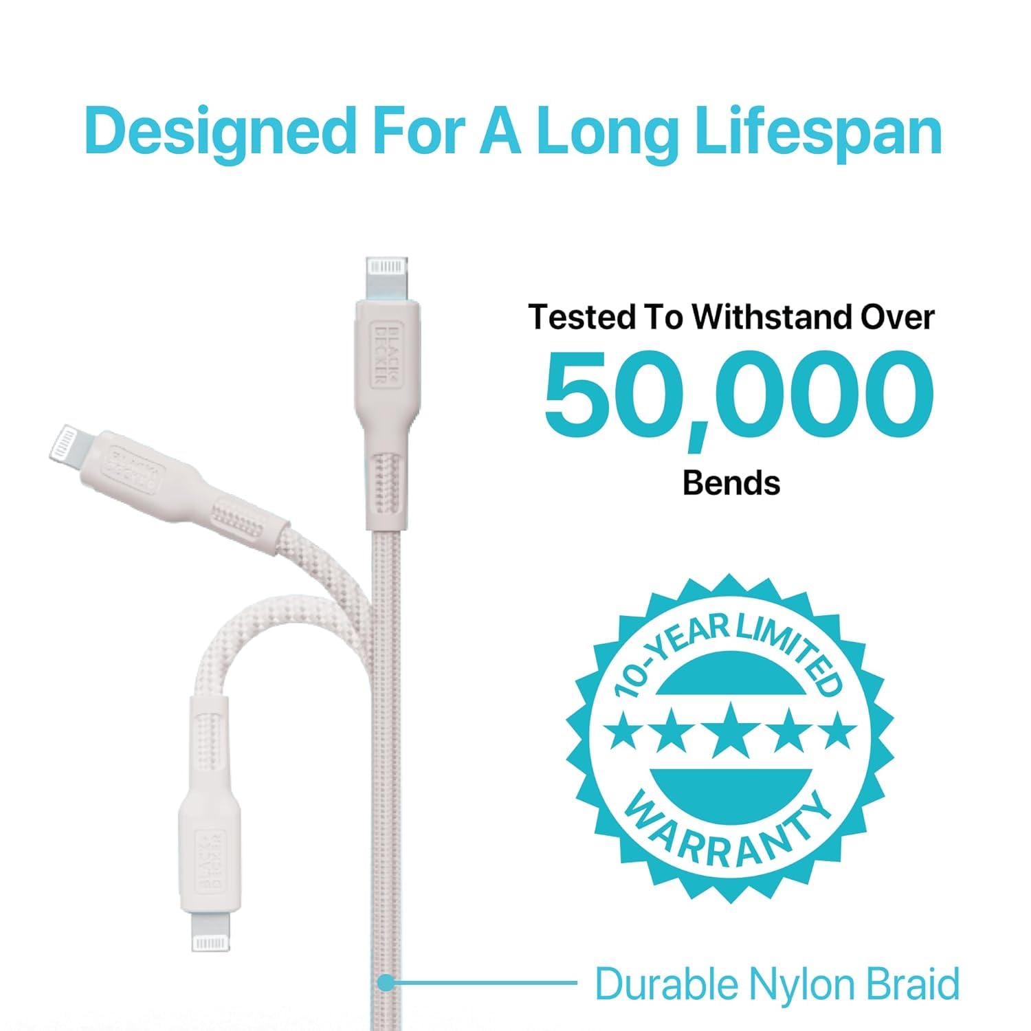BLACK+DECKER USB C to Lightning Cable - Fast Compatible iPhone Lightning Cable - Durable Braided Type C iPhone Charger Cord - for Travel and Daily Use - Multiple Colors and Lengths - 9ft