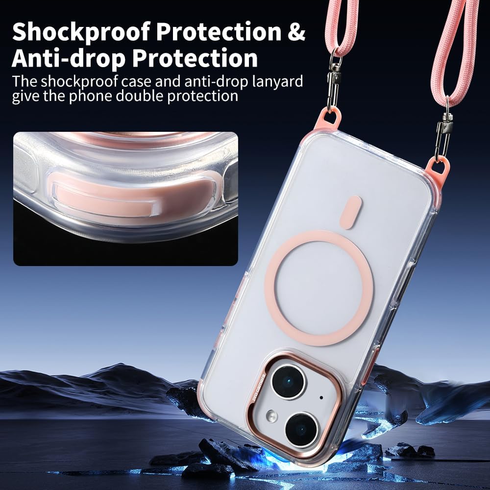 for iPhone 13/14 Case with 62.99 inch Lanyard, Classic Clear&Pink Magnetic Phone Case, Drop&Shockproof Protection Cases, Phone Lanyard for Around The Neck, Compatible with Magnet Accessory