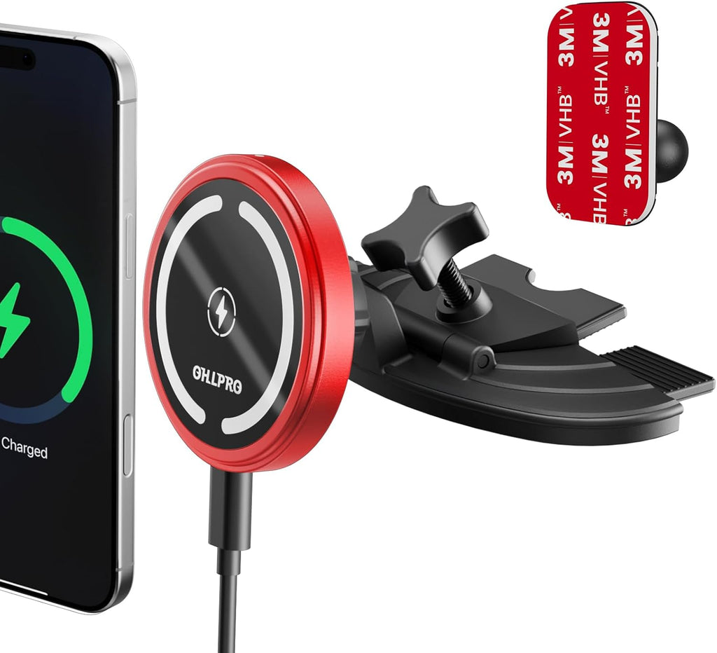 OHLPRO 15W Mag Car Mount Charger for iPhone 16, Fast Wireless Charging Magnetic CD Slot Holder with 3M Adhesive Base for Dashboard, Aluminum Shell, Compatible with iPhone 16/15/14 Pro Max, Blue