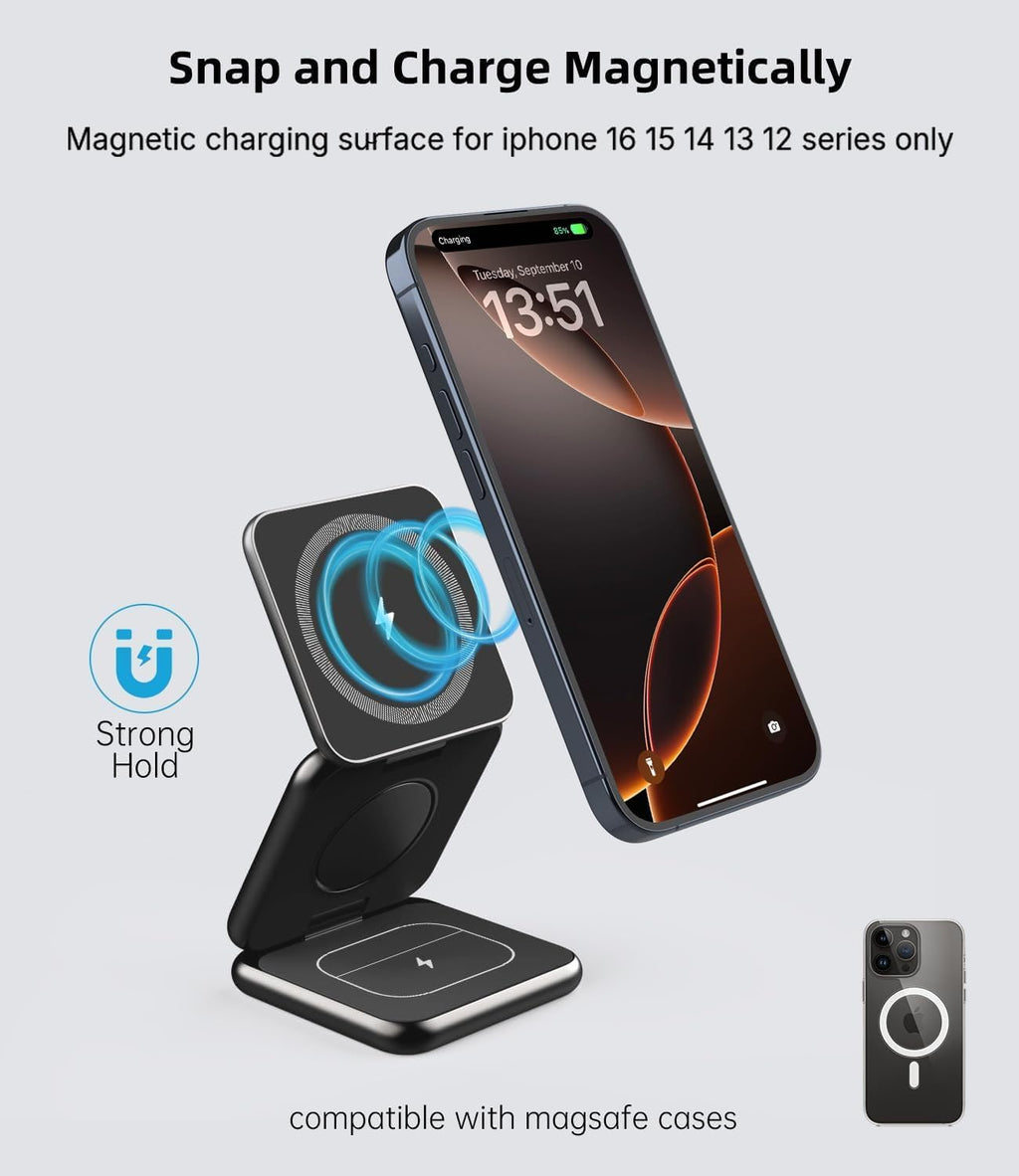 Foldable Magnetic Wireless Charger, KU XIU X40 Aluminum Alloy 3 in 1 Charging Station for Apple, Fast Charging Travel Charger for iPhone 16 15 14 13 12 Series, 5W for Apple Watch Ultra, AirPods, Black