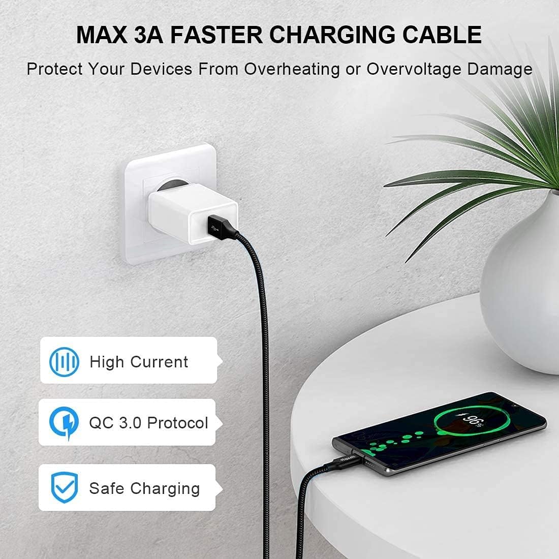 etguuds 4ft USB A to USB C Cable 3A Fast Charging, 2-Pack USB A to USB Type C Charger Cord for iPhone 16 15 Pro/Pro Max/Plus, for Samsung Galaxy S24 S23 S22 S21 S20 S10 A55 A54 Flip Note, Moto, Black